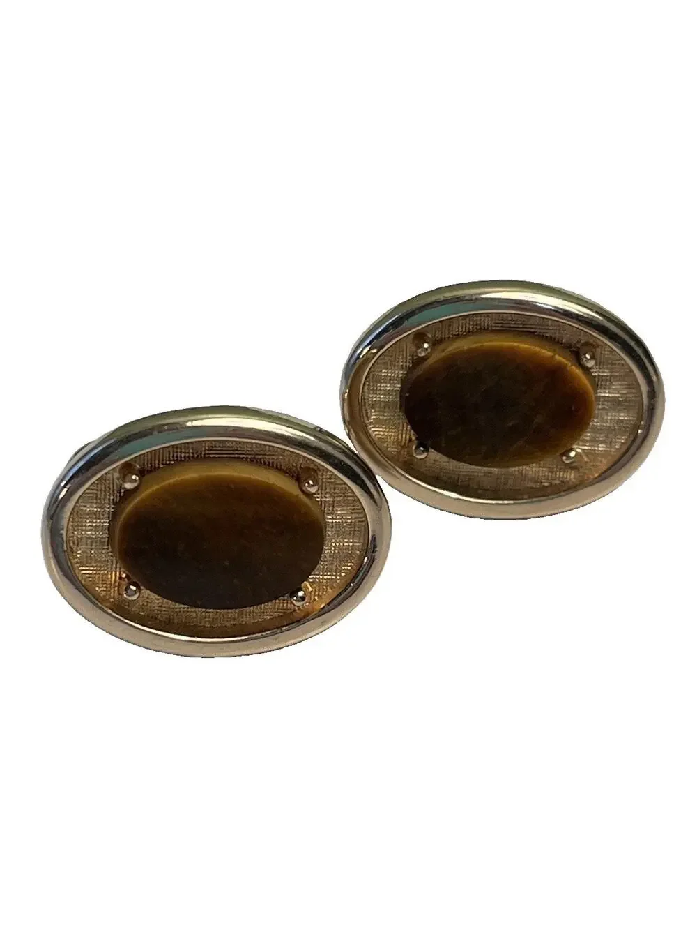 Vintage Tiger Eye Gold Tone Oval Cufflinks 1” Textured Frame Men’s Gift